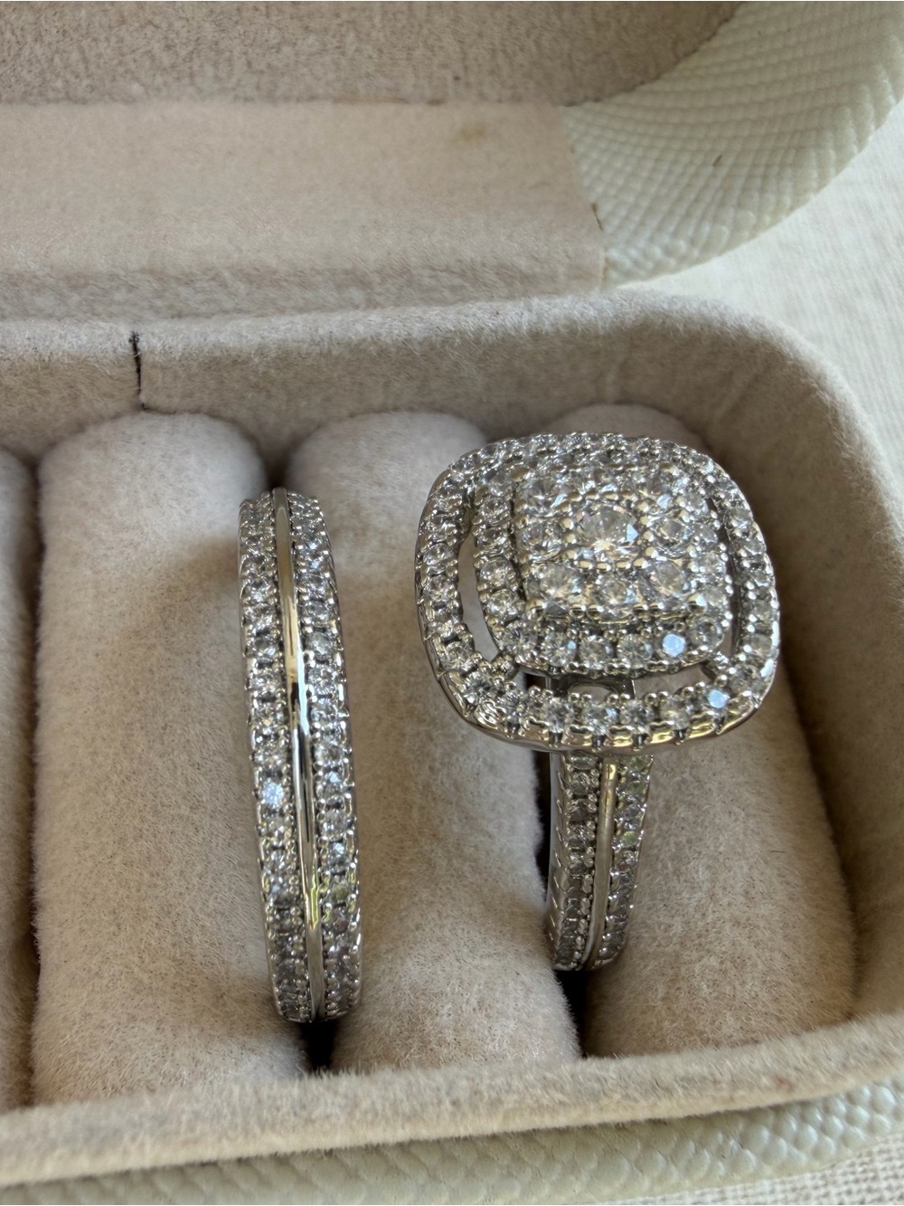 NEW Women's White Gold Double Halo Diamond Engagement Ring Set size 6